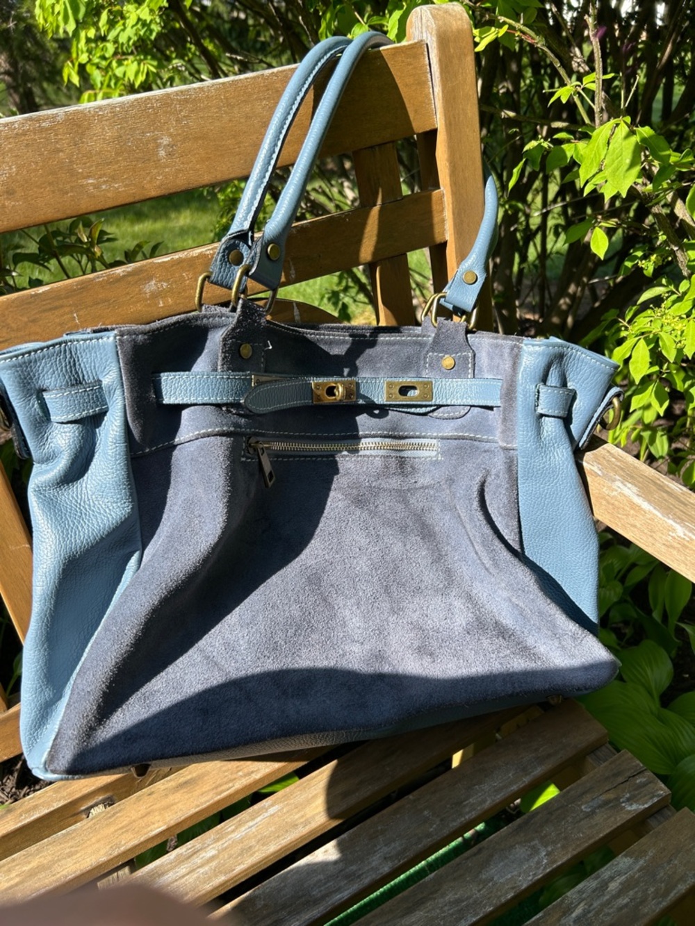 Two-Tone Blue Suede and Leather Tote Bag